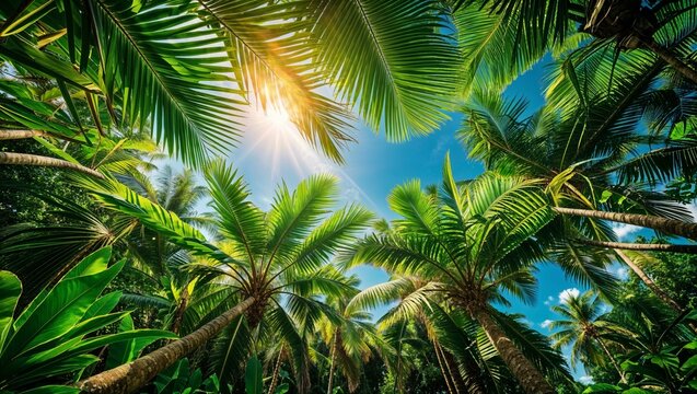 Tropical palm trees sway under the summer sun against a blue sky, evoking an exotic island beach vacation