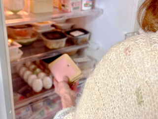 冷蔵庫に財布を入れる高齢女性の手