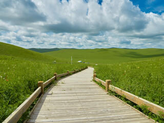 Fototapeta premium Wooden path through a vibrant green field leading to rolling hills under a partly cloudy sky.