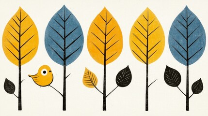 Fototapeta premium Stylized Autumnal Treetops with a Small Yellow Bird