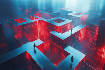 Abstract maze with glowing red pathways and figures navigating through digital landscape, symbolizing challenges in business and technology