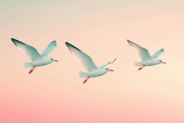 Flying birds in pastel sky create serene and tranquil atmosphere. graceful movement of seagulls against soft gradient background evokes sense of freedom and peace