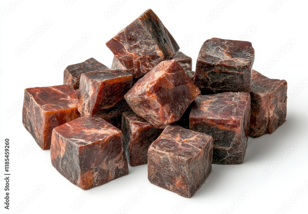 Poster natural mineral blocks of red and brown hues arranged in a scattered formation, showcasing unique te