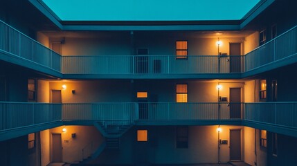 Interior courtyard view of a multi-story apartment building at night, illuminated by warm light.