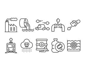air pollution and contamination line icons set