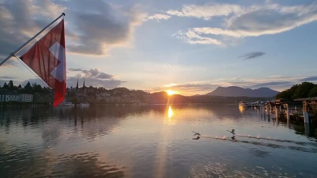 Sunrise and swans on Lake Lucerne, Switzerland