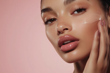 Portait of beautiful skin woman applied crem on her face, healthy beauty skincare and cosmetics for adverstising. Generative Ai.

