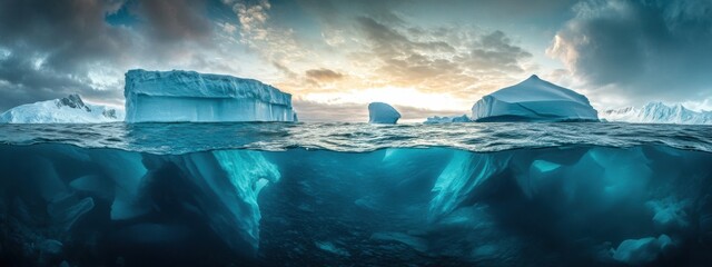 The dramatic collision of icebergs in the Antarctic Ocean under the midnight sun, Polar scene, Dramatic style