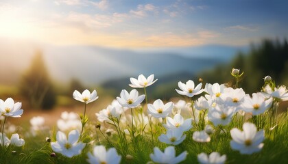 field of daisies in spring. white flower in the filed at summer.