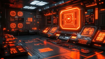 Obraz premium Futuristic Control Room Interior with Glowing Orange Accents, High-Tech Display Panels, and Intricate Design for Sci-Fi and Gaming Concepts