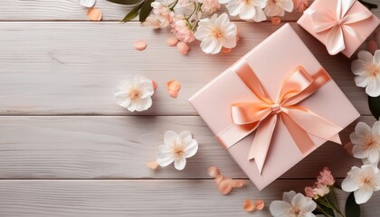 Pastel Pink Gift Box with Peach Ribbon on Wooden Background. Top View of Mother Day Gifts with Copy Space