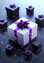 A captivating display of gift boxes surrounded by digital circuits, symbolizing the intersection of celebration and technology.