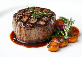 Savory Grilled Steak with Rosemary Garnish Served on a White Plate Accompanied by Grilled Carrots and Fresh Herbs, Perfect for Gourmet Cuisine and Food Photography