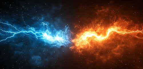 Fototapeta premium A dynamic clash of vibrant blue and orange lightning bolts against a dark background
