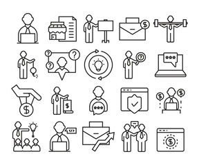 business management and organization line icons set