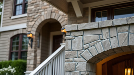 Fototapeta premium Close-up view of a house's stone facade featuring an arched entryway, white railings, and exterior lighting. The stonework is a mix of light and dark gray tones.