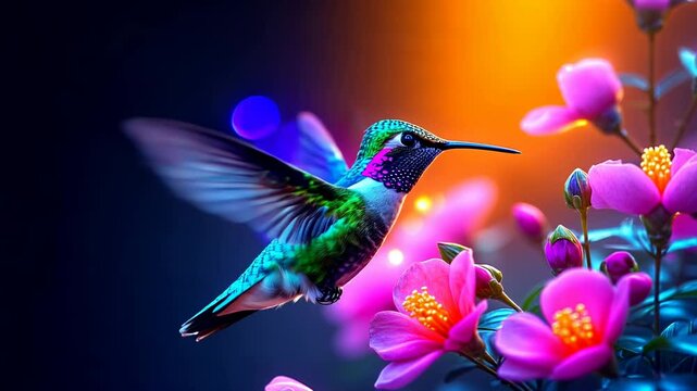 bright hummingbird bird over a flower on a dark background