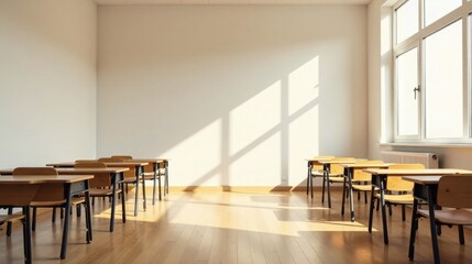 Sunlit Empty Classroom with Simple Wooden Desks and Chairs Ready for Students
