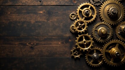 Intricate Golden Gears on Dark Wooden Surface A Composition of Mechanical Components