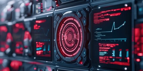 A futuristic interface displays red data visualizations on screens, featuring graphs and patterns, suggesting a high-tech monitoring system.