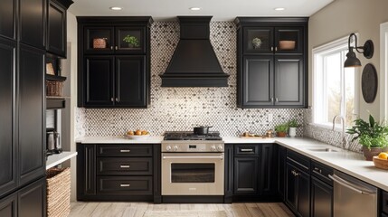 Fototapeta premium Modern Kitchen with Black Cabinets and Stainless Steel Appliances