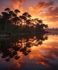 Reflections of a fiery sunset on the calm waters of Laguna Grande Amazonia, serene, mirror-like surface, Amazonian nature