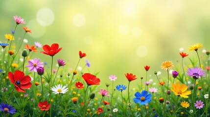 Naklejka premium Vibrant Wildflowers in a Sunny Meadow, a Burst of Color and Delightful Springtime Bloom, Perfect for Backgrounds and Floral Designs