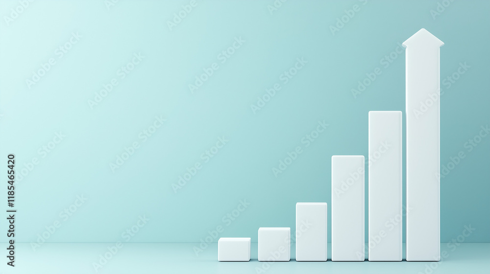 Poster growth trajectory: a minimalist 3d rendering of a bar graph illustrating exponential growth and upwa