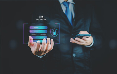 A businessman holds a smartphone, displaying digital security features and data analytics in a modern, tech-focused environment.