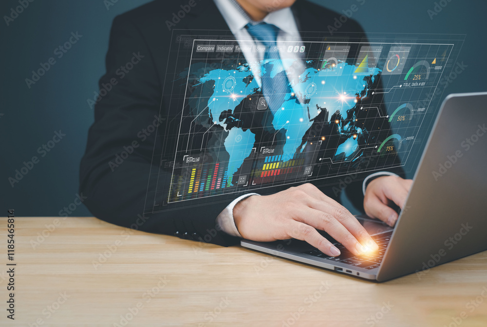 Poster a business professional interacts with data visualizations on a laptop, showcasing digital analytics