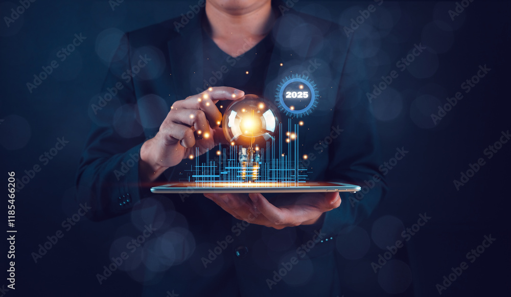 Poster a business professional holds a tablet showcasing a glowing globe and data analytics, symbolizing in