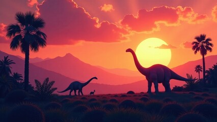 Fototapeta premium Silhouetted Dinosaurs at Sunset in a Prehistoric Tropical Landscape Featuring Palm Trees and Lush Vegetation