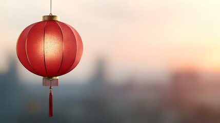 Obraz premium Red lantern hanging, city sunset backdrop, Asian celebration, festive decor
