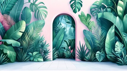 Lush Tropical Foliage Enframing a Pink Archway Leading to a Hidden Garden