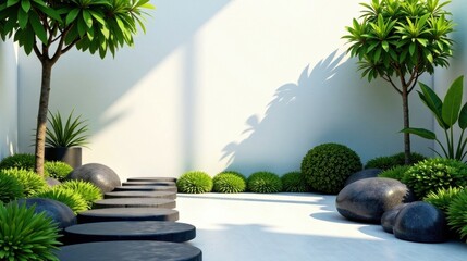 Serene Minimalist Garden Design Featuring Smooth Stepping Stones and Lush Greenery Against a White Wall