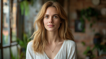 Fototapeta premium Calm woman in natural light with plants in background