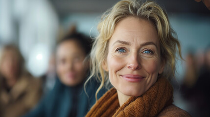 Smiling woman with scarf in casual setting during event