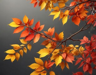 A colorful arrangement of leaves on a branch, featuring shades of orange, yellow, and red, fall...