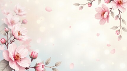 Obraz premium Delicate Pink Blossoms and Falling Petals on a Soft, Pastel Background, Ideal for Springtime Designs and Elegant Presentations