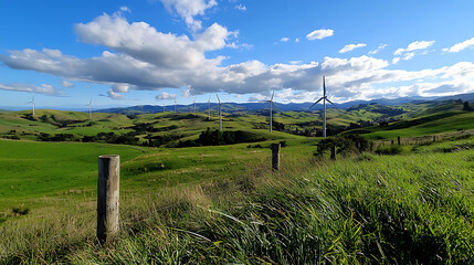 Obraz premium A field with a few wind turbines in the background. generated using AI