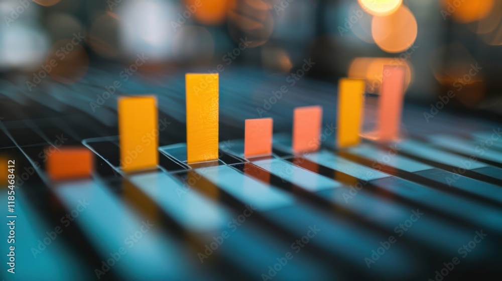 Poster colorful bar graphs on blurred background represent data analysis and growth. vibrant yellow and ora