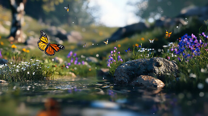 A beautiful scene of a river with a variety of butterflies flying around. generated using AI