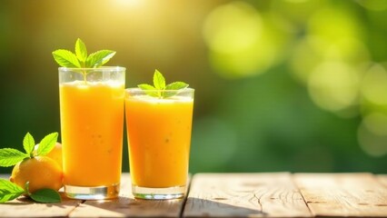 Fototapeta premium Refreshing Citrus Blend Two Glasses of Sunshine on Rustic Wood