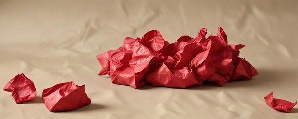 crumpled red tissue paper scattered on a beige surface , red, abstract background, paper