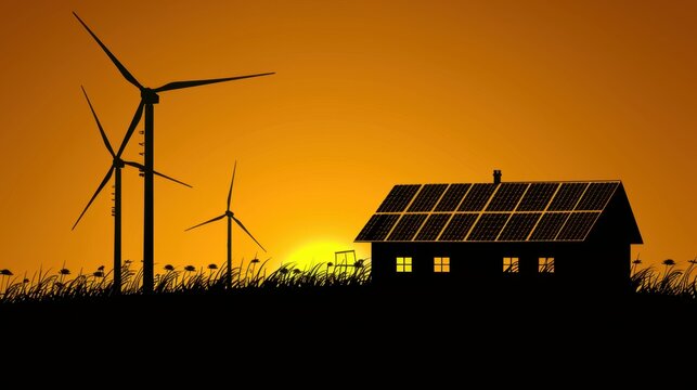 Sustainable energy landscape featuring house with solar panels and wind turbines against sunset. This symbolizes eco friendly living and renewable energy sources