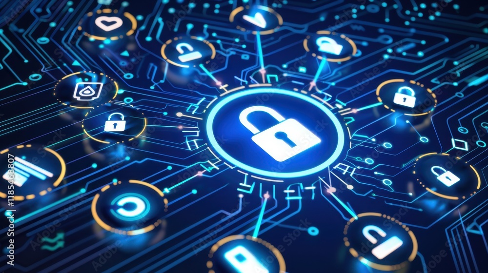 Poster secure digital network with lock icons and circuit patterns, representing cybersecurity and data pro