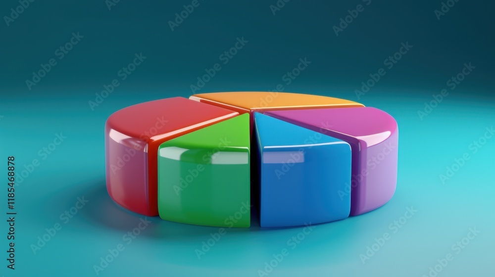 Poster colorful pie chart on blue background, representing data visualization and analysis. segments are vi