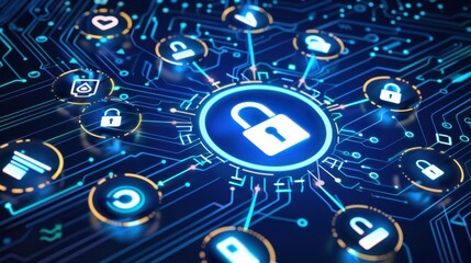Secure digital network with lock icons and circuit patterns, representing cybersecurity and data protection. vibrant blue and gold colors enhance technological theme