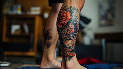 Vibrant Japanese Peony Tattoo on Leg