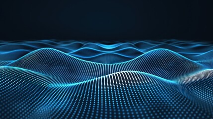 Digital waves create mesmerizing pattern of blue light and dots, evoking sense of depth and movement in futuristic landscape